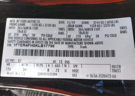 2019 Ford Ranger Lariat из США, поврежденный, VIN 1FTER4FH0KLB17790